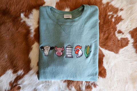 Youth Cypress Green Embroidered Farm Crewneck