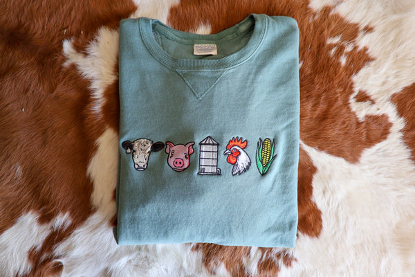 Cypress Green Embroidered Farm Crewneck